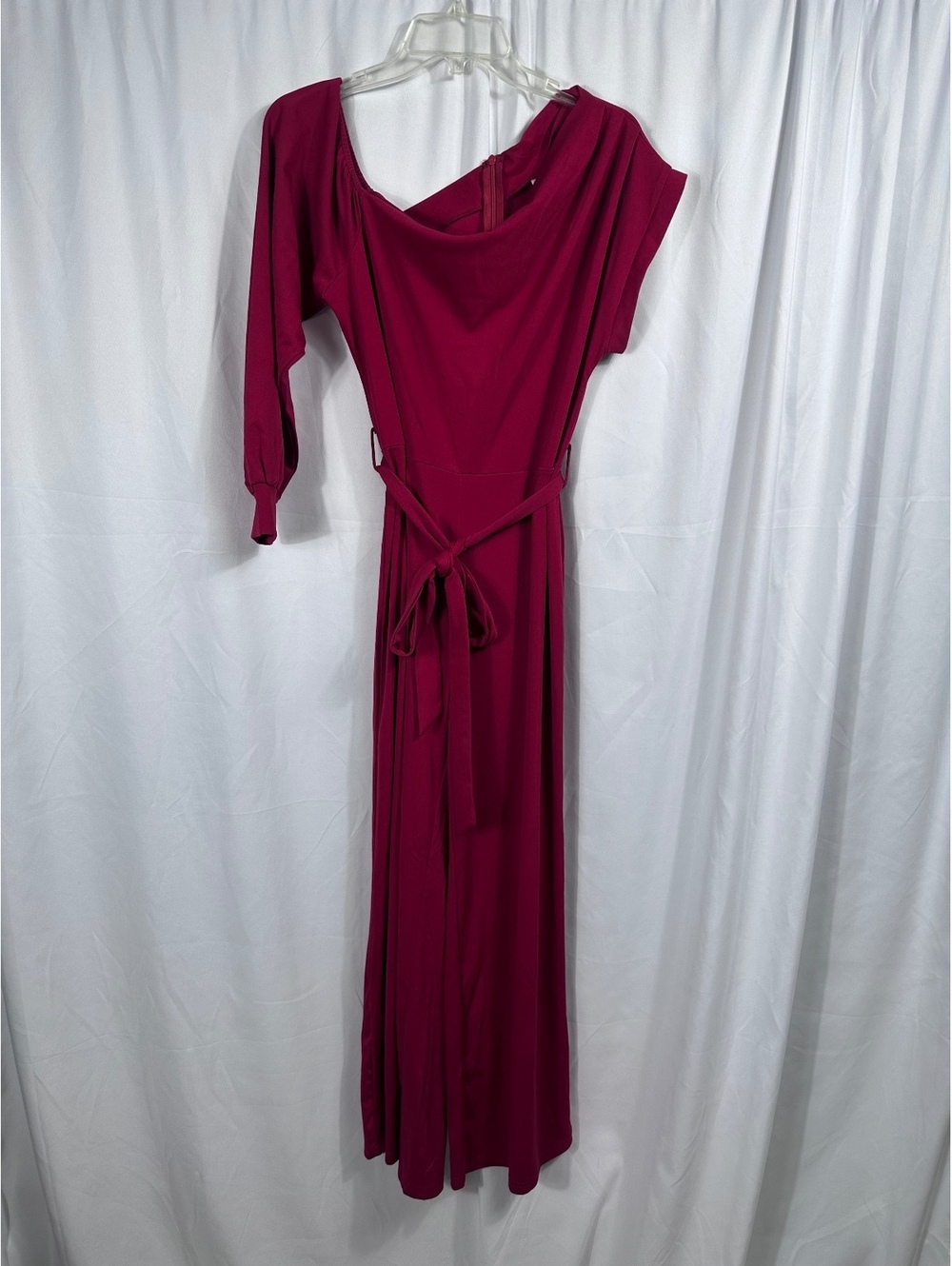 Elegant Burgundy Asymmetrical Sleeve Jumpsuit with Belt Size Large